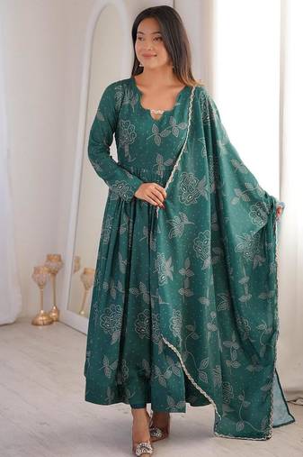 Green silk blend printed flared gown set