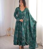 Green silk blend printed flared gown set