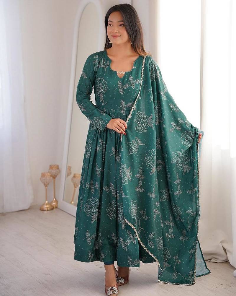 Green silk blend printed flared gown set