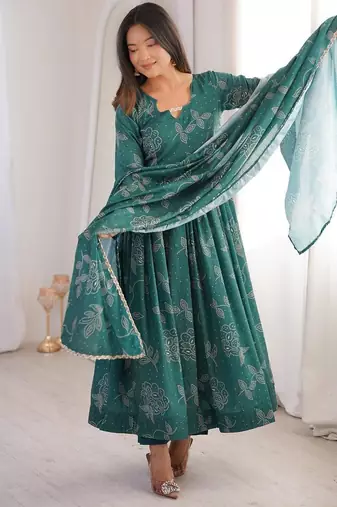 Green silk blend printed flared gown set