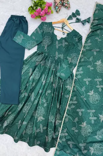 Green silk blend printed flared gown set