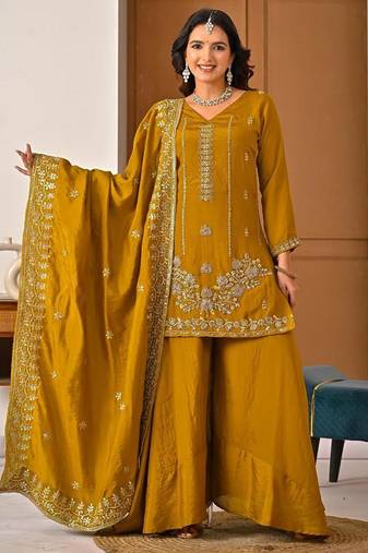 Mustard silk blend moti palazzo set