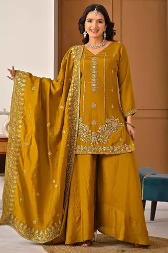 Mustard silk blend moti palazzo set