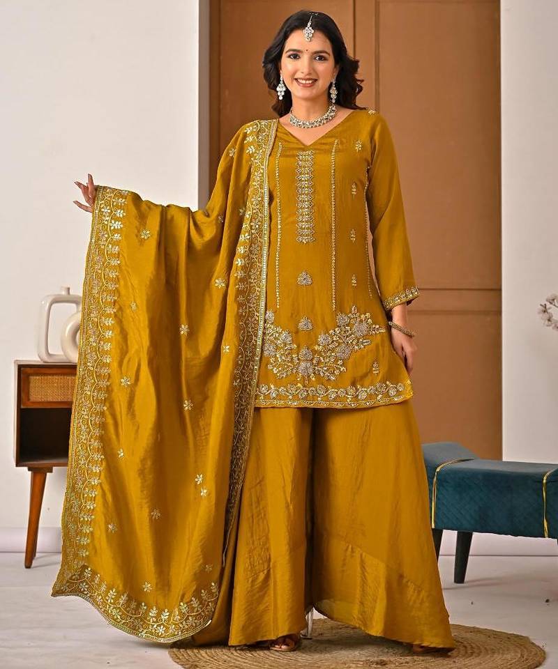 Mustard silk blend moti palazzo set