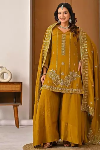 Mustard silk blend moti palazzo set