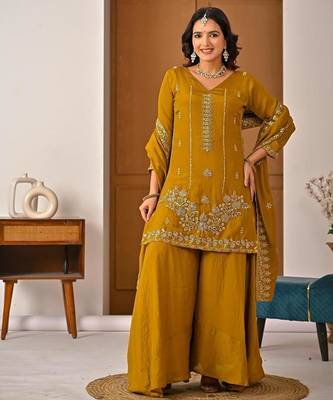 Mustard silk blend moti palazzo set 3
