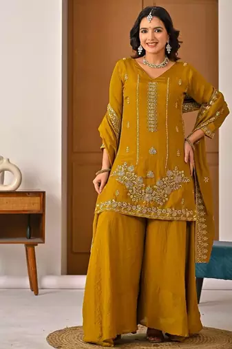 Mustard silk blend moti palazzo set