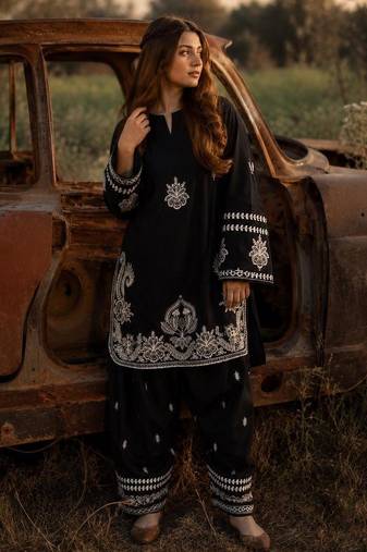 Black silk blend embroidered palazzo set