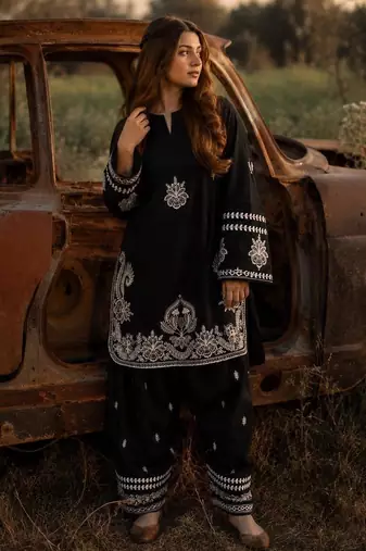 Black silk blend embroidered palazzo set