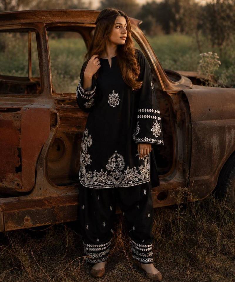 Black silk blend embroidered palazzo set
