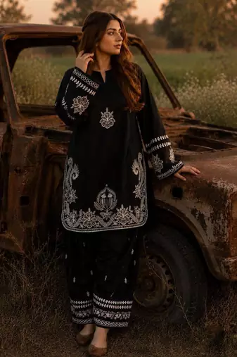 Black silk blend embroidered palazzo set