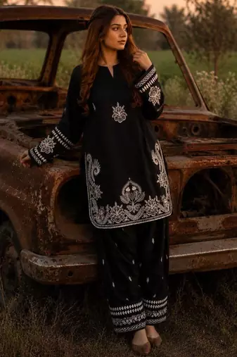 Black silk blend embroidered palazzo set
