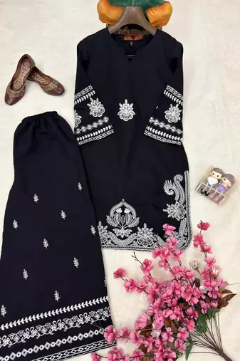 Black silk blend embroidered palazzo set