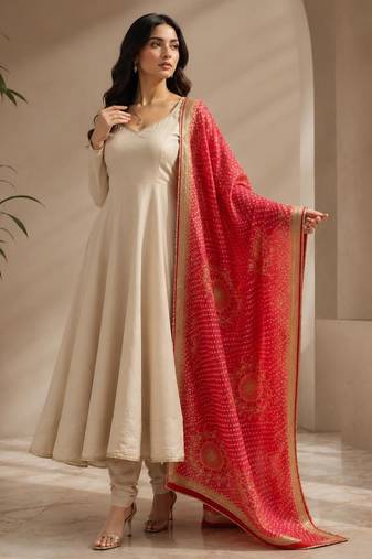 Beige silk blend lace flared gown set