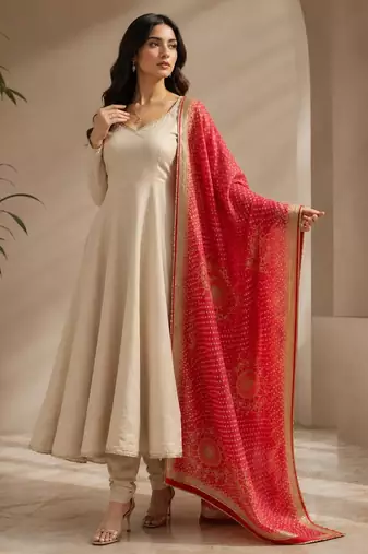 Beige silk blend lace flared gown set