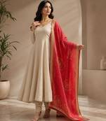 Beige silk blend lace flared gown set
