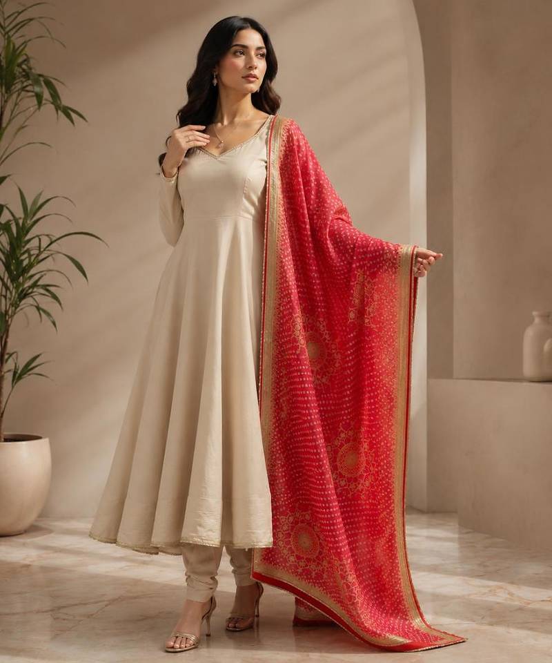 Beige silk blend lace flared gown set