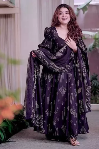 Purple cotton silk printed anarkali set