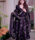 Purple cotton silk printed anarkali set