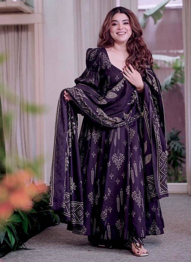 Purple cotton silk printed anarkali set