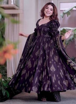 Purple cotton silk printed anarkali set 2