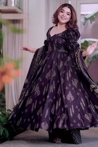 Purple cotton silk printed anarkali set