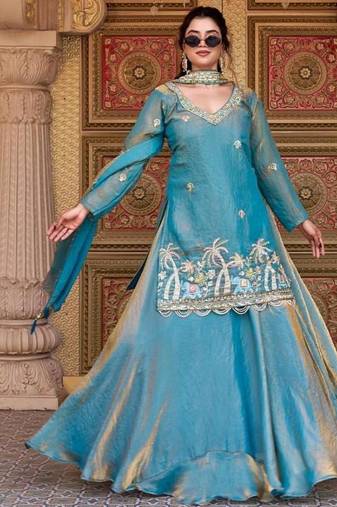 Blue silk blend embroidered kurta lehenga set