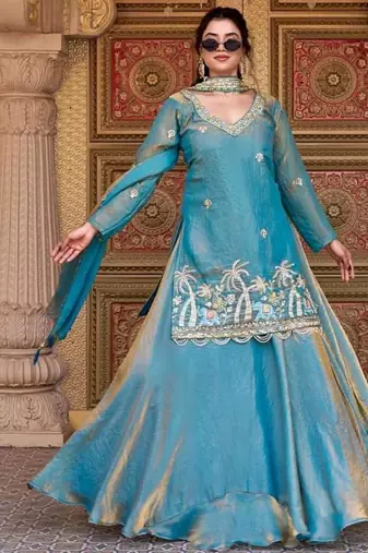 Blue silk blend embroidered kurta lehenga set