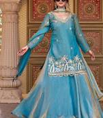 Blue silk blend embroidered kurta lehenga set