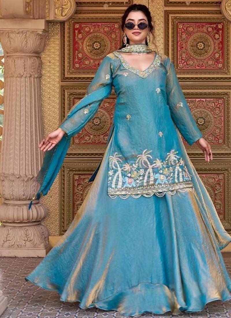 Blue silk blend embroidered kurta lehenga set