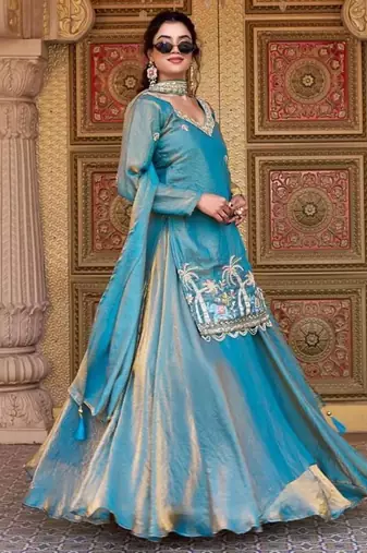 Blue silk blend embroidered kurta lehenga set