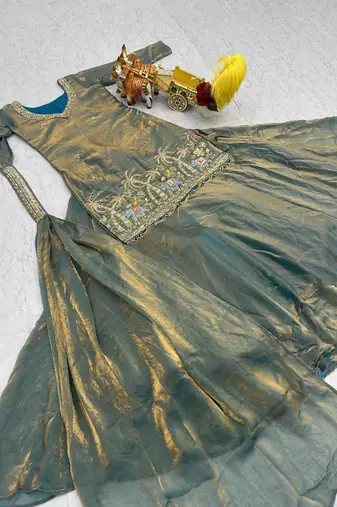 Blue silk blend embroidered kurta lehenga set