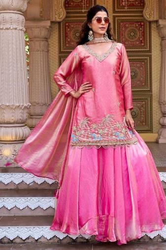 Pink silk blend embroidered kurti lehenga set