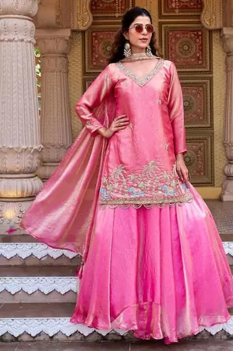 Pink silk blend embroidered kurti lehenga set