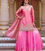 Pink silk blend embroidered kurti lehenga set