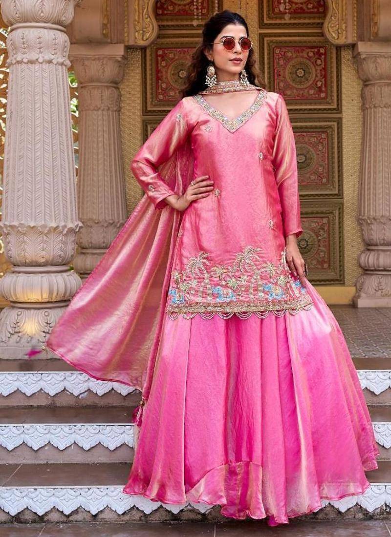 Pink silk blend embroidered kurti lehenga set