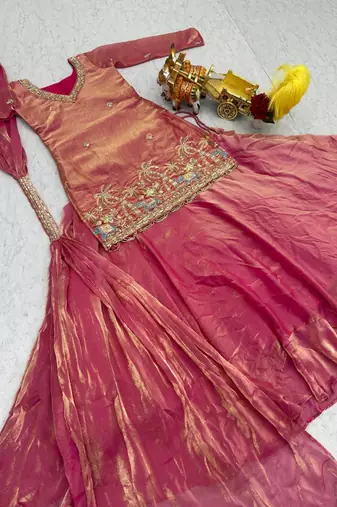 Pink silk blend embroidered kurti lehenga set