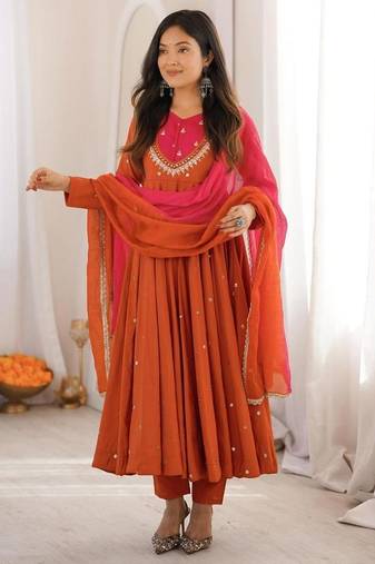 Orange silk blend embroidered flared gown set
