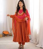 Orange silk blend embroidered flared gown set