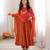 Orange silk blend embroidered flared gown set