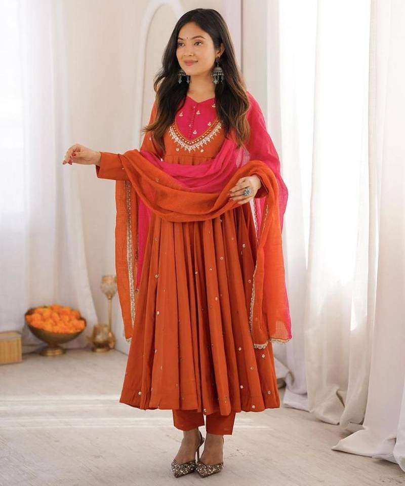 Orange silk blend embroidered flared gown set