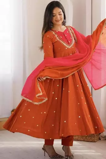 Orange silk blend embroidered flared gown set