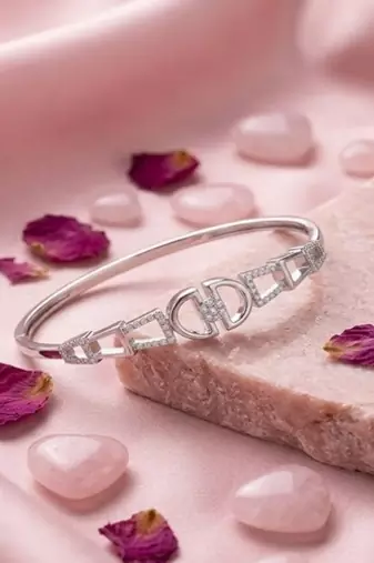 925 Sterling Silver Designer CZ Bangle Bracelet for Women | Cubic Zirconia Geometric Openwork Jewelry
