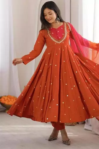 Orange silk blend embroidered flared gown set