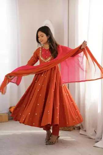 Orange silk blend embroidered flared gown set