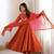 Orange silk blend embroidered flared gown set