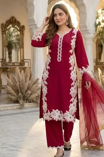Red silk blend embroidered palazzo set