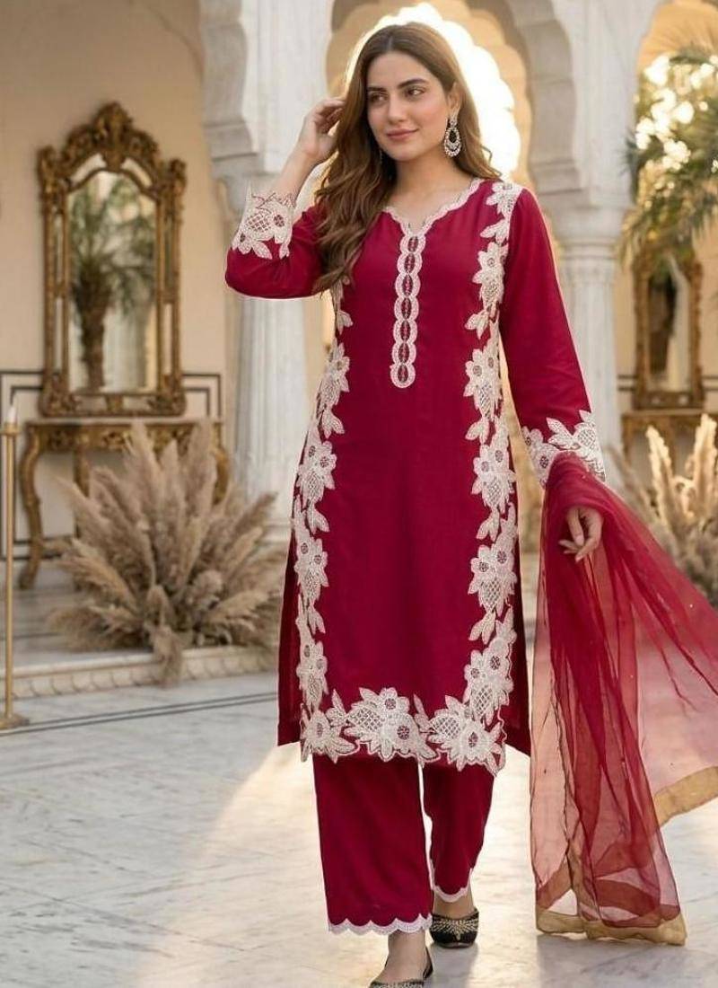 Red silk blend embroidered palazzo set