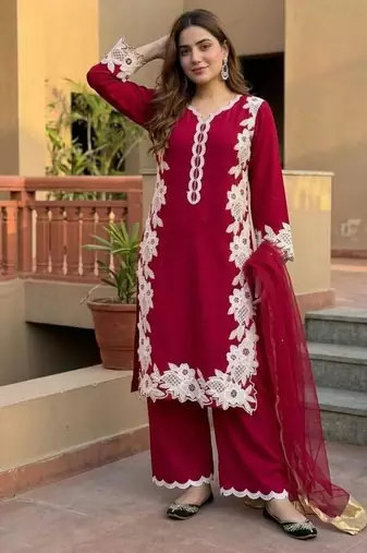 Red silk blend embroidered palazzo set