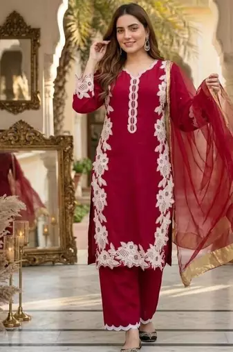 Red silk blend embroidered palazzo set